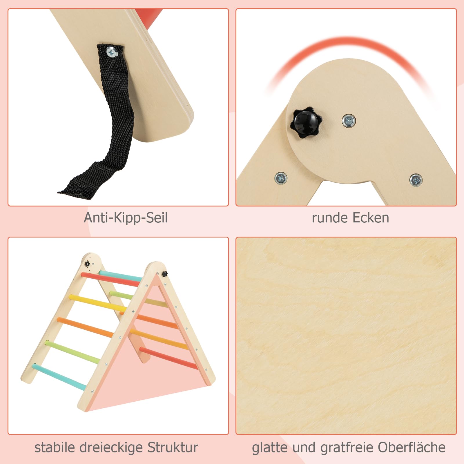 DREAMADE Montessori Klettergerüst Indoor, Holzdreieck Kletterspielzeug aus Holz, Kletterdreieck mit 2-seitiger Rutsche zum Rutschen und Klettern für Kinder ab 3 Jahren (Bunt)