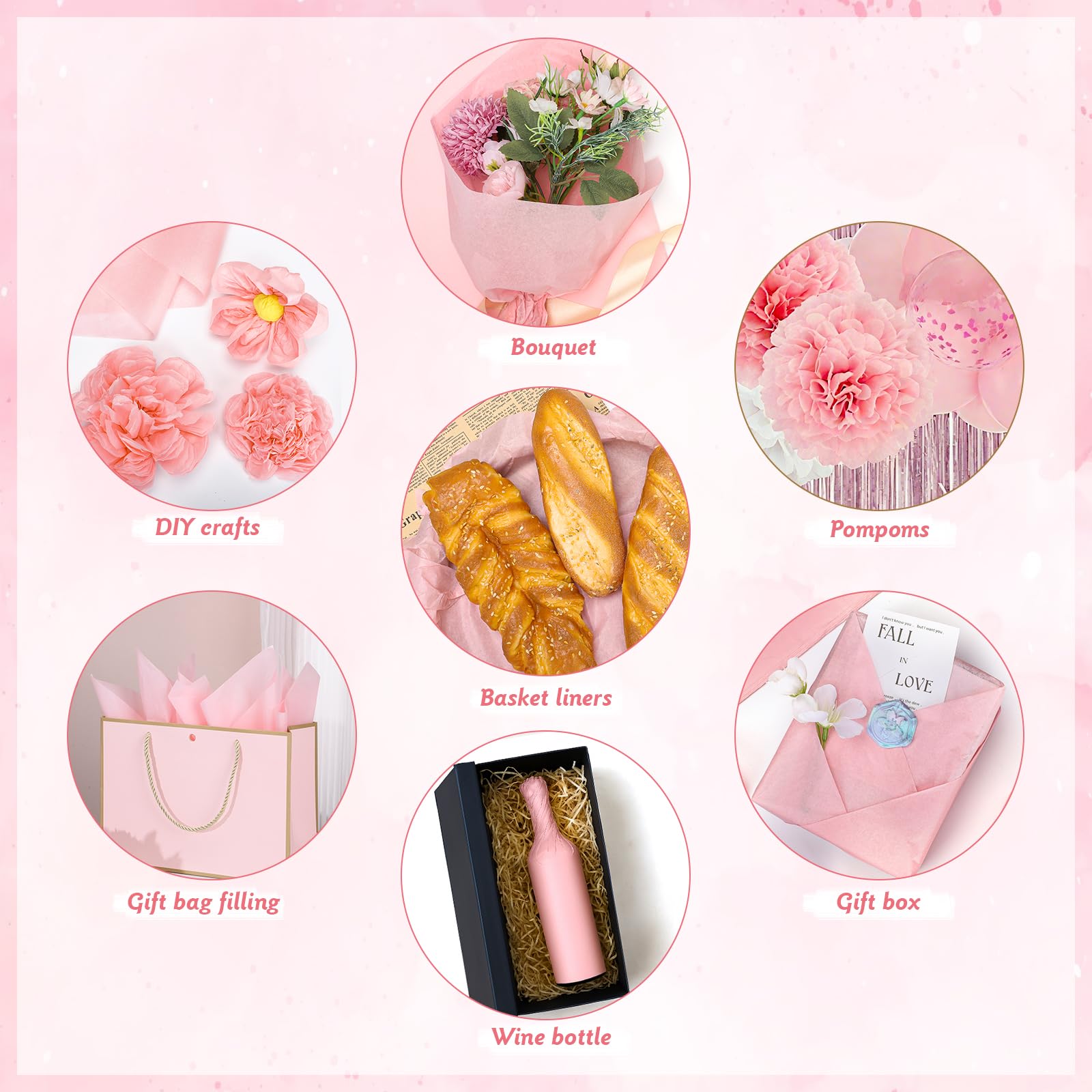 Lot de 160 feuilles de papier de soie pour sacs cadeaux, 50,8 x 35,6 cm, rose