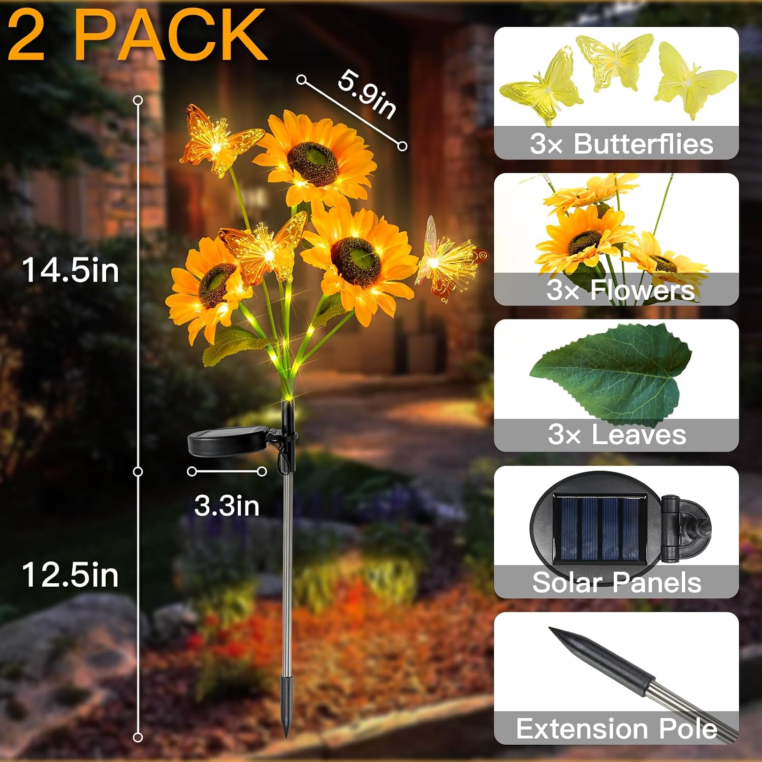 suddus Solar Garden Lights, Sunflower Lights Outdoor, Solar Flowers Garden Lights with 6 Sunflowers and 6 Butterflies,for Back Yard, Flower Bed, Pathway, Patio, Porch, Spring Decoration (2 Pack)