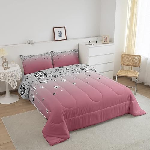 Miniatura 2 de Juego de ropa de cama rosa degradado para niñas, tamaño Queen, juego de edredón degradado rosa para mujeres adultas, diseño rústico occidental,