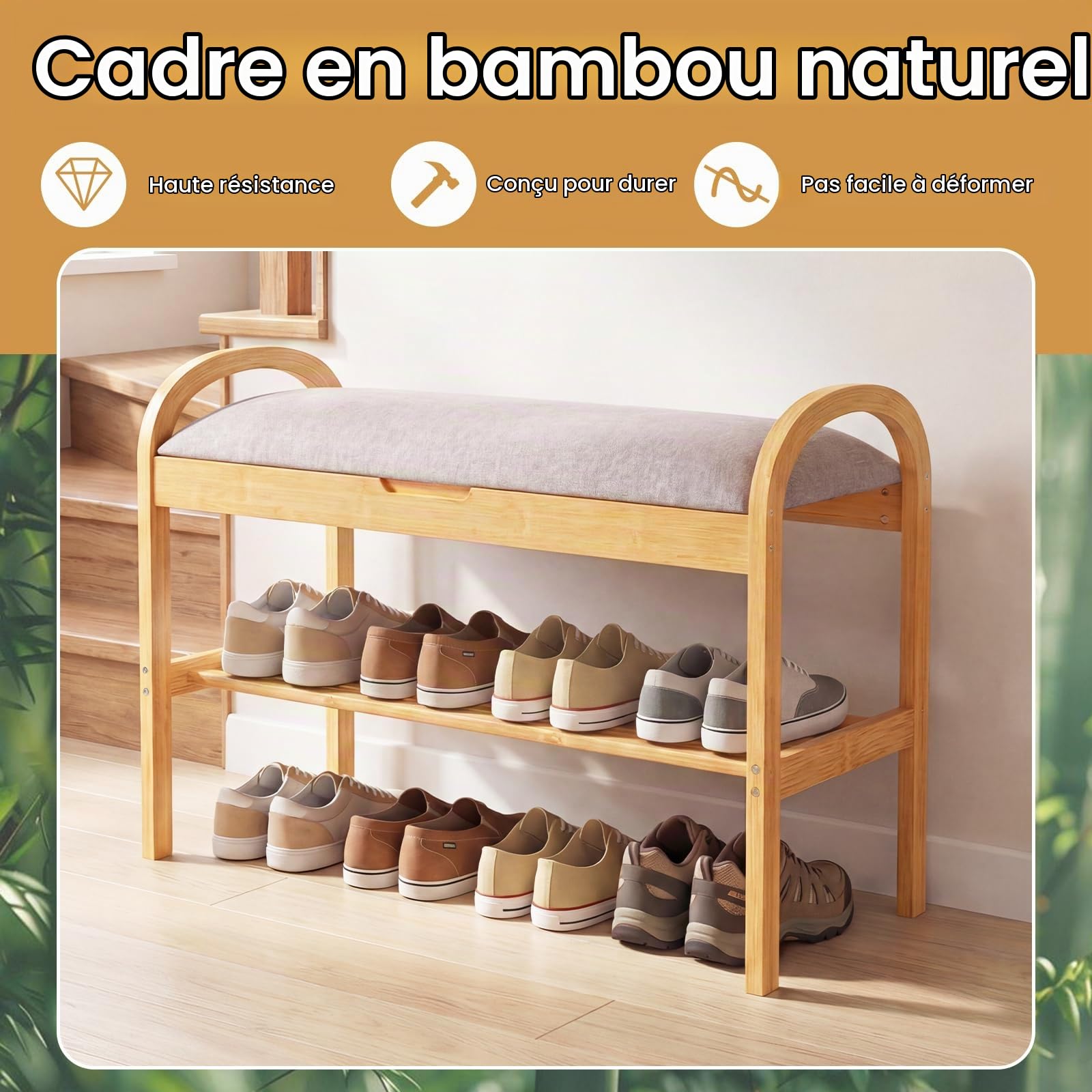 SOARS Banc à Chaussures pour Entrée de Rangement avec Coffre, Banc Étagère à Chaussures en Bambou avec Coussin Rembourré 2 Niveaux, pour Couloir, Chambre, Salon, 70 x 30 x 51 cm