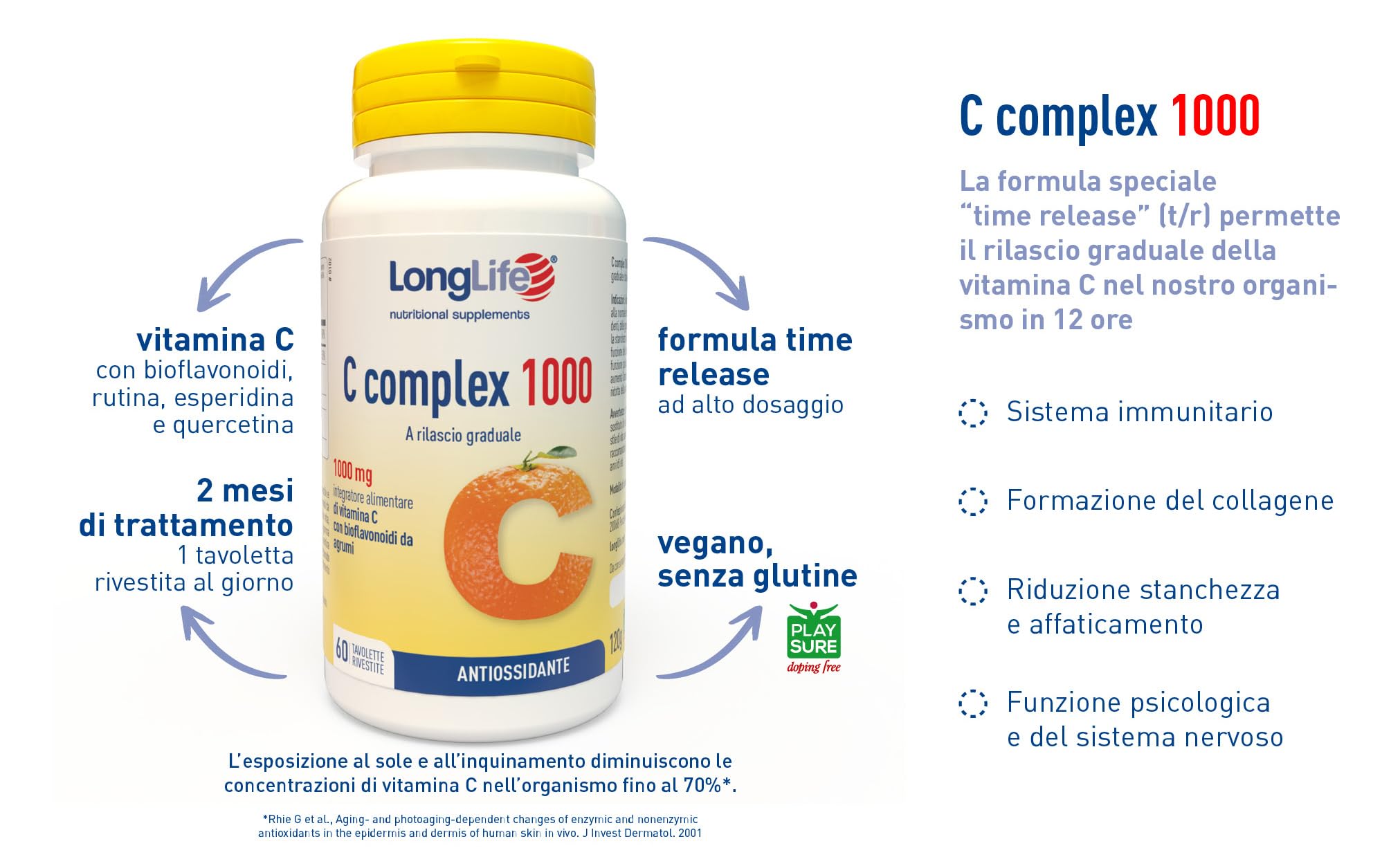 LongLife® C complex 1000 | Vitamina C 1000 mg a rilascio graduale | Alto dosaggio | Con bioflavonoidi da agrumi e quercetina | Difese immunitarie | 2 mesi di trattamento | Vegano e senza glutine