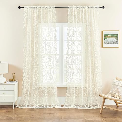 Miniatura 2 de FOLKSIDE Cortinas de encaje marfil de 63 pulgadas de largo, juego de 2 paneles, cortinas florales de cachemira transparentes para sala de estar y
