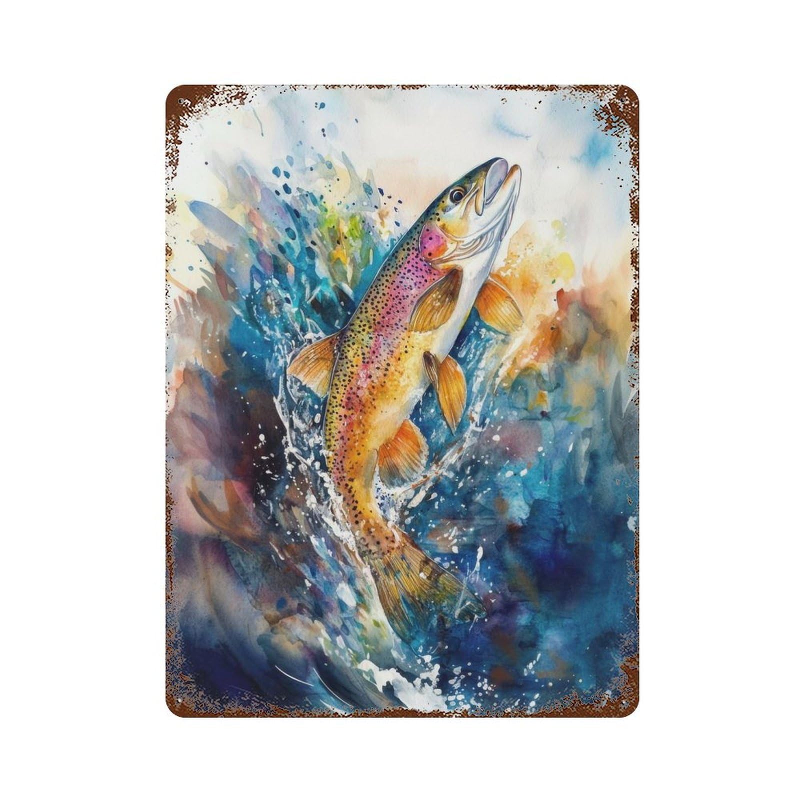 Watercolor Trout Splash Vintage Wall Sign 15.7"x11.8", Rust Effect Metal Decor for Farmhouse, Kitchen And Entryway Decor