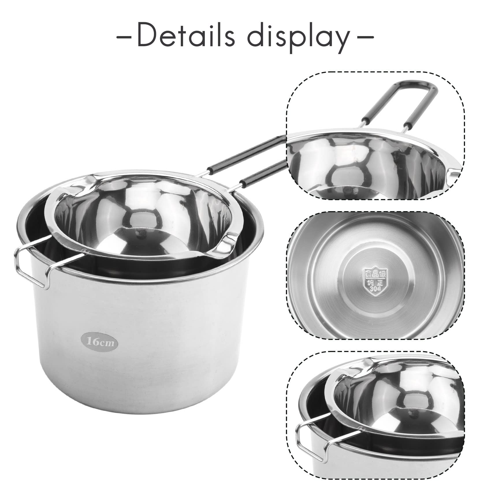 Jkjhbhged 2-Pack Stainless Steel Double Boiler, Heat- Handle for Chocolate, Butter, Cheese, Caramel and Candy- Steel Melting Pot, 2 Cup Capacity, Universal Pad
