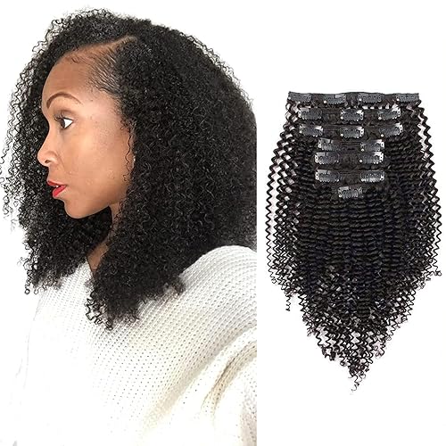 ABH AmazingBeauty Hair 8A Kinkys - Extensiones de cabello humano rizado de doble trama gruesa con clip tipo 3C y 4A volumen negro natural 423oz 18