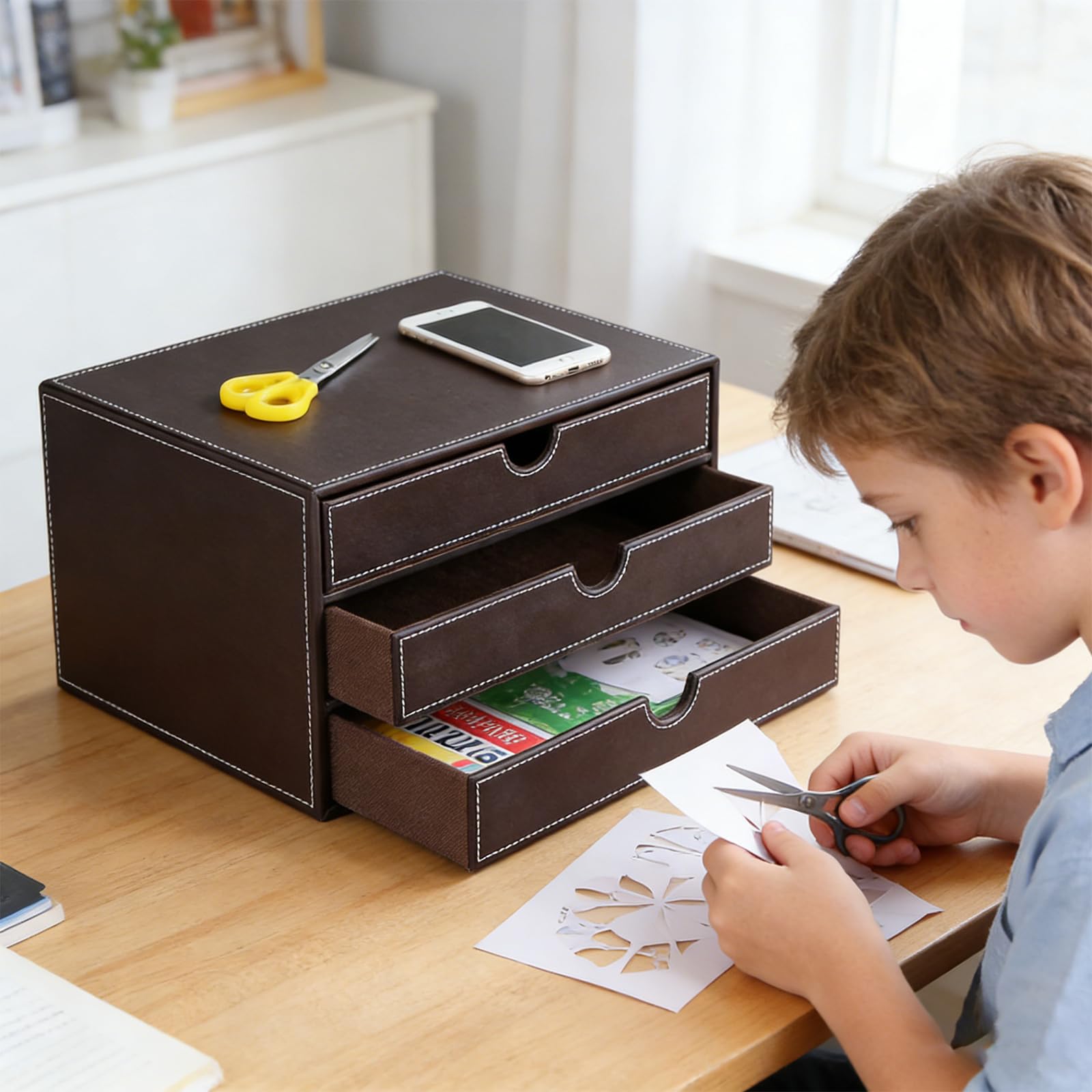 Boîte de rangement de bureau en cuir synthétique avec 3 tiroirs A4 - Organiseur de bureau - Pour documents et fournitures de bureau - Marron