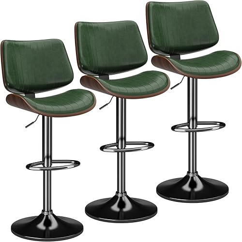 Swivel Bar Stools Set of 3, Adjustable Bentwood Barstools for Kitchen Counter, Modern PU Leather Upholstered Bar Chair with Back and Footrest, for Kitchen Island, Bar, Dining Room, Green
