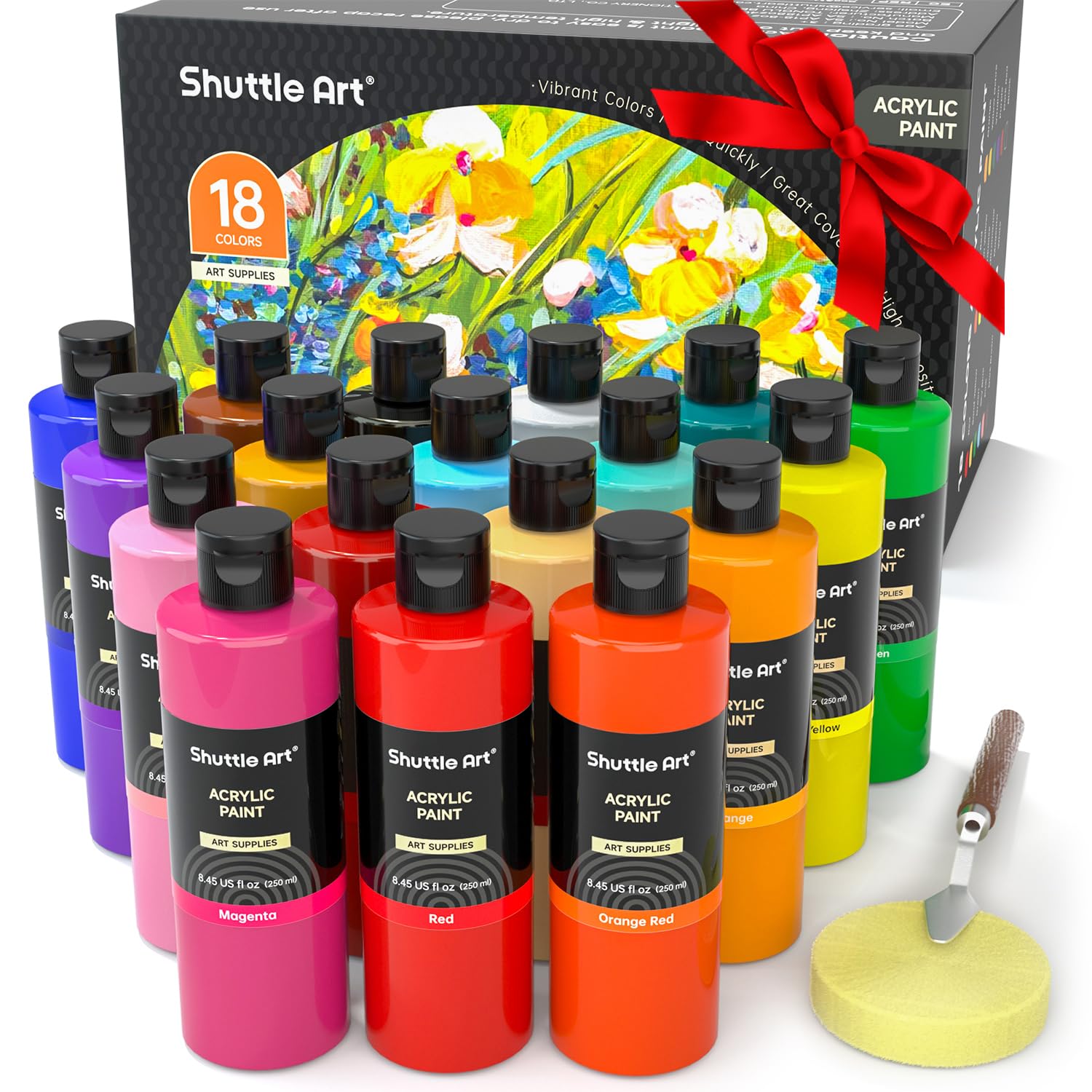 Shuttle Art 18 Colors Acrylic Paint Bottle Set (250ml/8.45oz), Rich Pigmented Bulk Painting Supplies for Artists, Beginners and Kids on Rocks Crafts Canvas Wood Ceramic