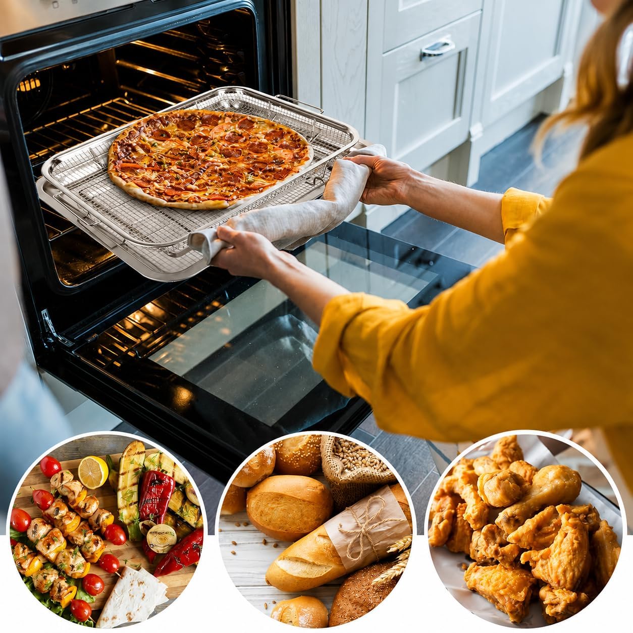 Karomouj 2-Piece Stainless Steel Air Fryer Crisping Basket & Baking Tray Set | Non-Stick Mesh Baking Rack for Oven | Ideal for Crispy Fries, Chicken, Fish, Vegetables & Dehydrating | Silver — Amazon image 7