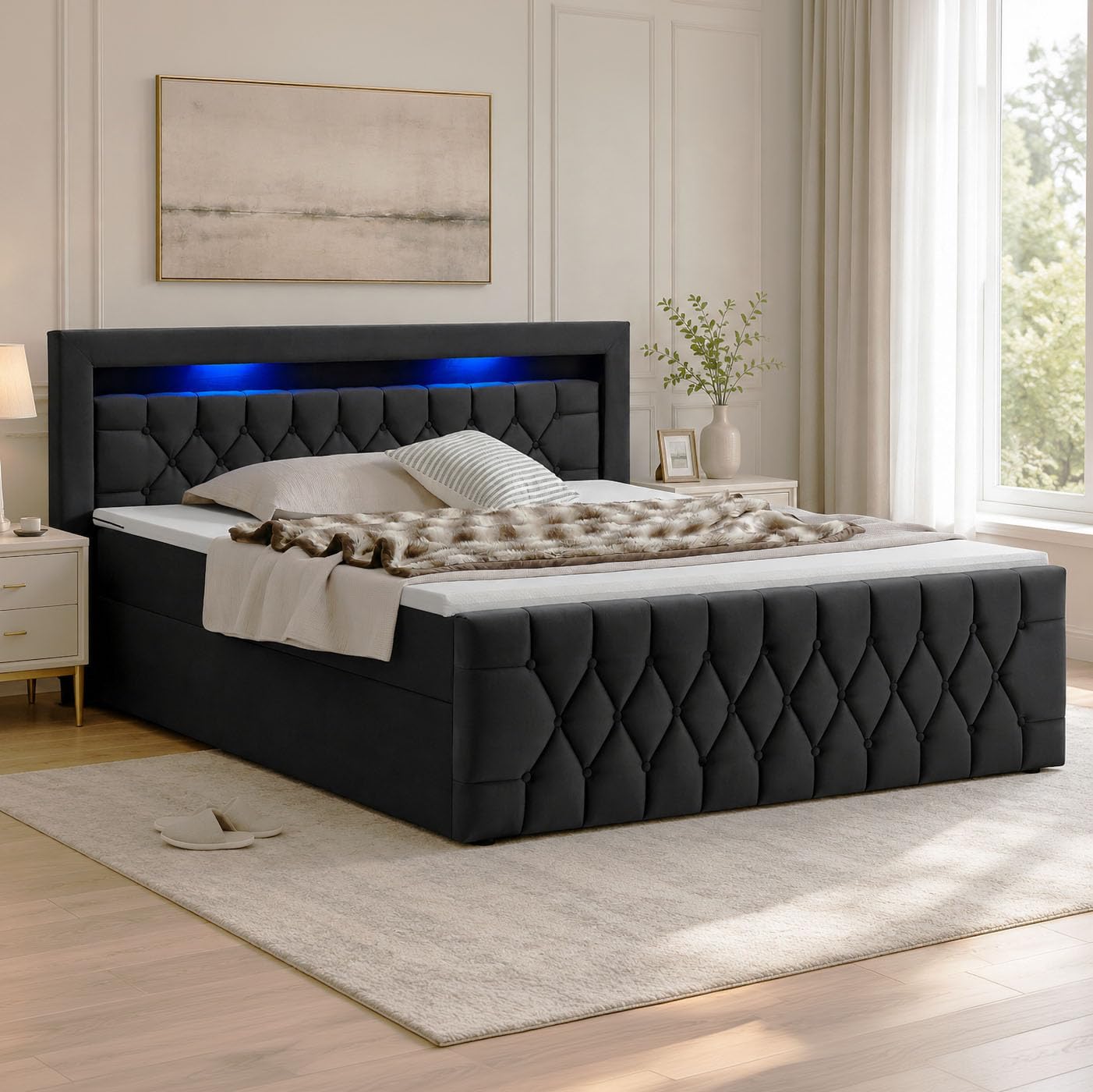 Juskys Boxspringbett Leona 140x200 cm – Schwarz, Samtbezug, LED-Beleuchtung, Topper und H4-Federkernmatratze
