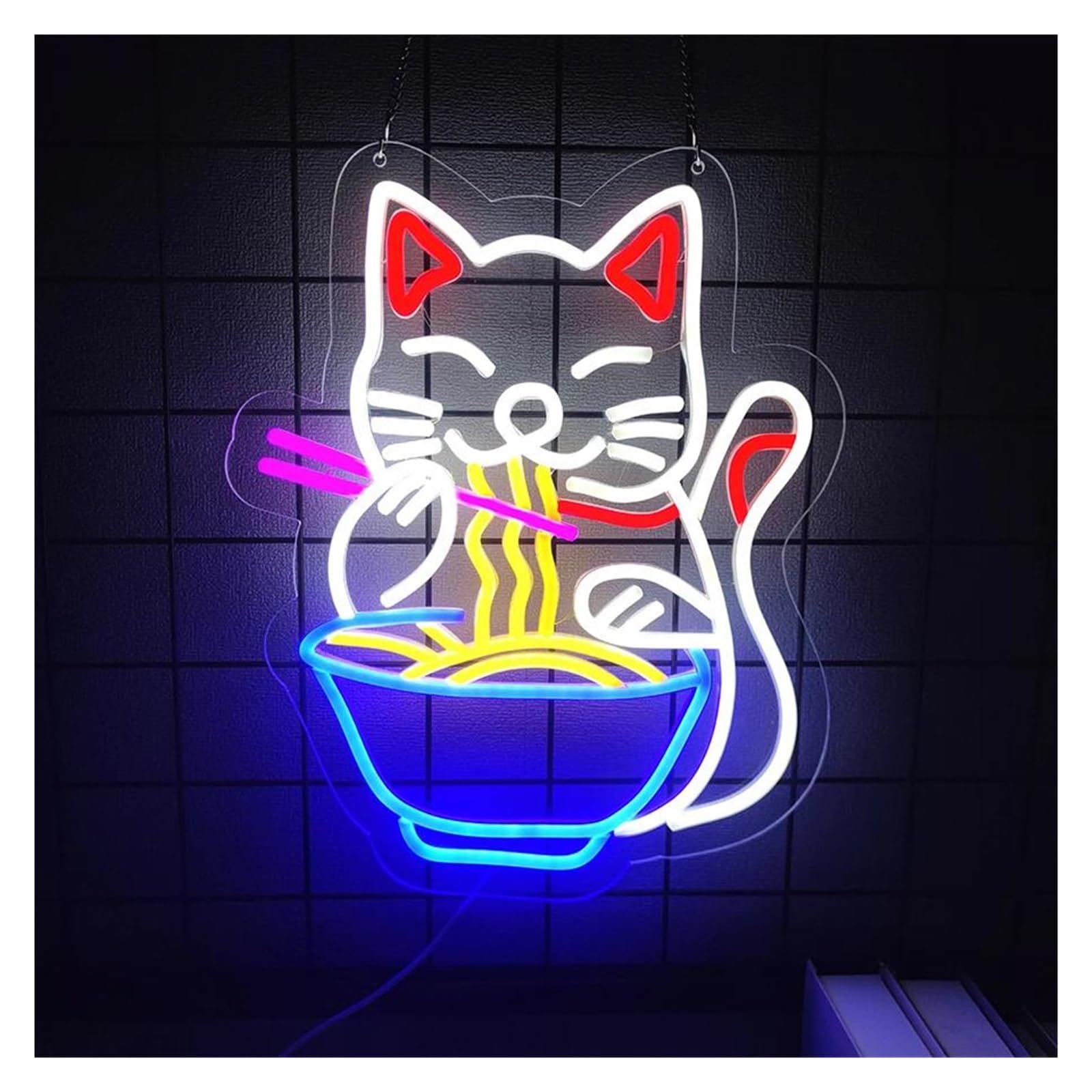 Décor Mural Lumière Enseigne Au Néon Ramen Chat Fortune Pour Décoration Murale, Lumières Néon Chat Alimentées Par USB, Utilisées Pour La Décoration De Cuisine Magasin 32.5cm×40cm