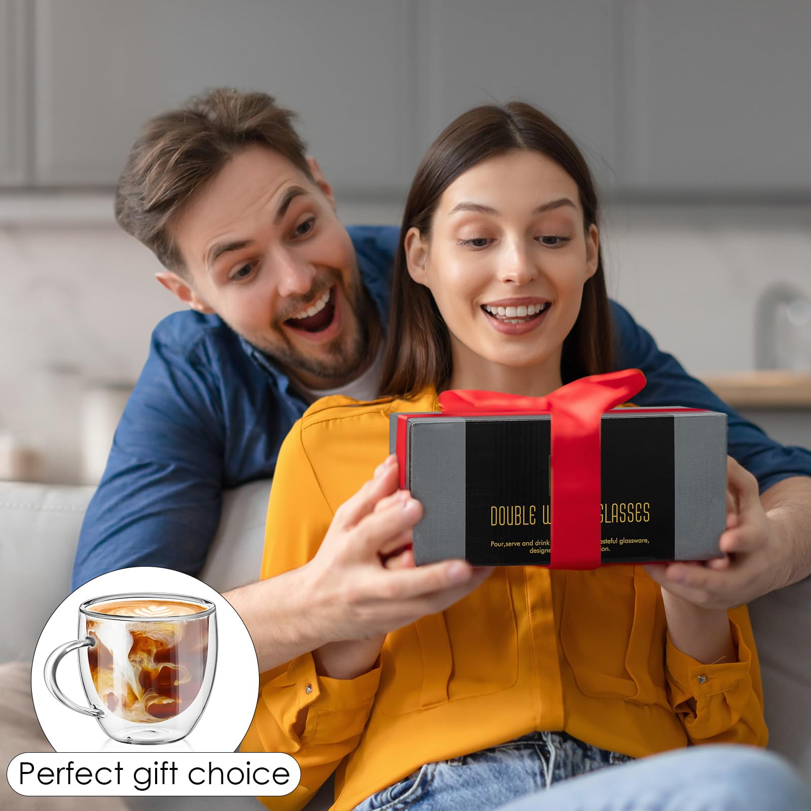 TKNO Confezione da 4 bicchieri da caffè a doppia parete da 380 ml, isolati, stile barista, in vetro trasparente, per latte, cappuccino, bianco piatto, tazze da caffè in borosilicato resistente al