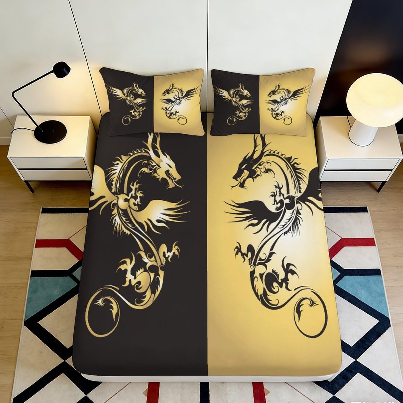 3D Printed Golden Dragon Fitted Sheet Microfiber Soft Breathable Black Dragon Bed Cover for Bedroom Dorm Decor 90x200x25cm