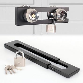 French Door Security Lock, Adjustable Double Door Lockout Device with Padlock, Reinforcement Locks for Knob and Handle Doors,Prevent Kick Ins,Childproof, Black