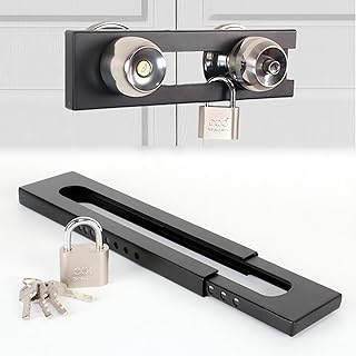 French Door Security Lock, Adjustable Double Door Lockout Device with Padlock, Reinforcement Locks for Knob and Handle Doors,Prevent Kick Ins,Childproof, Black