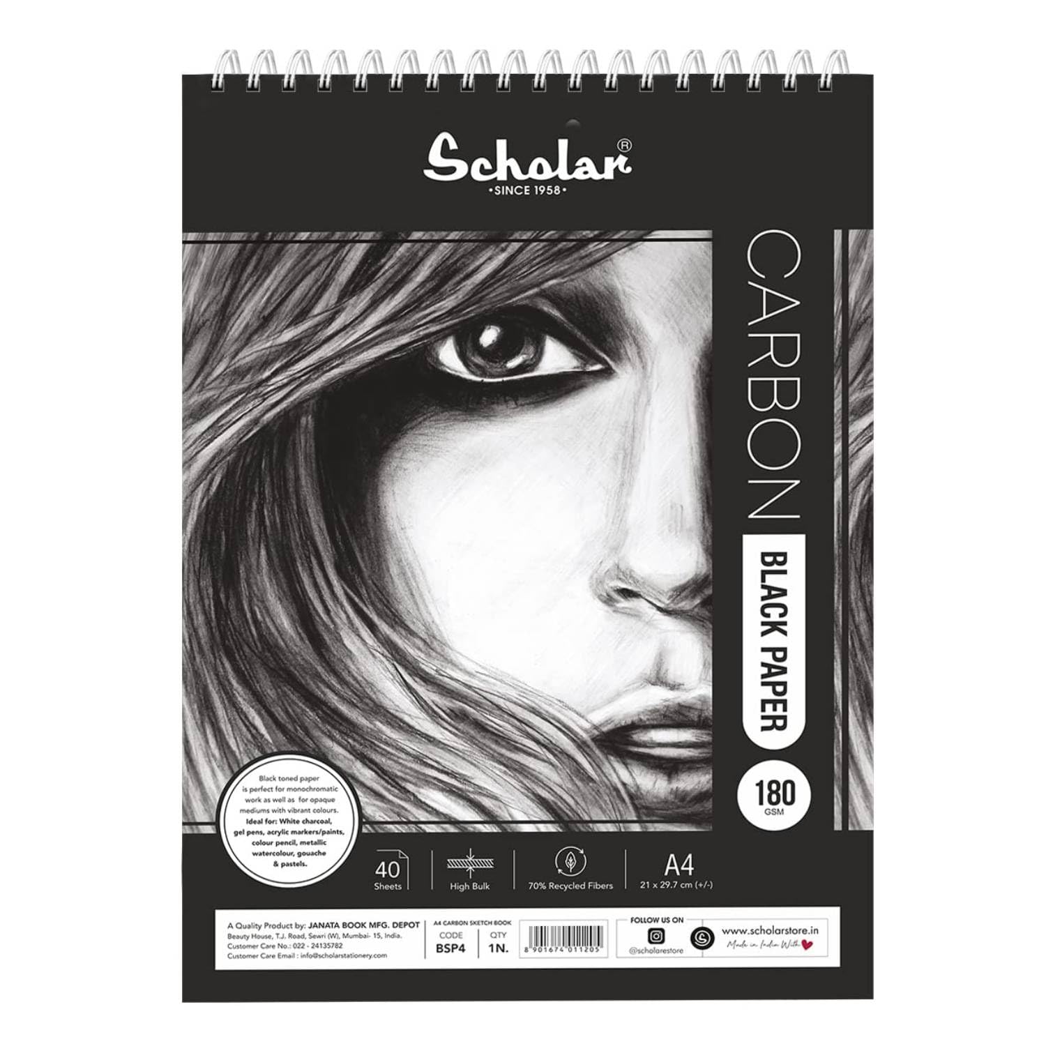 Scholar A4 Carbon Black Paper Sketch Book 170 GSM Thick, 40 Sheets-image-38