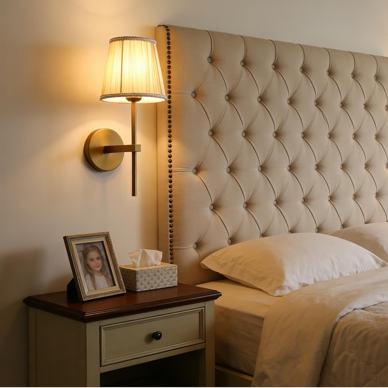 Pathson Khaki Gauze Cloth Wall Sconce, Hardwired Boho Wall Light with Linen Lace, Modern Wall Lighting Fixture for Bedroom Living Room Hallway Bathroom Vanity Entryway Home Decor