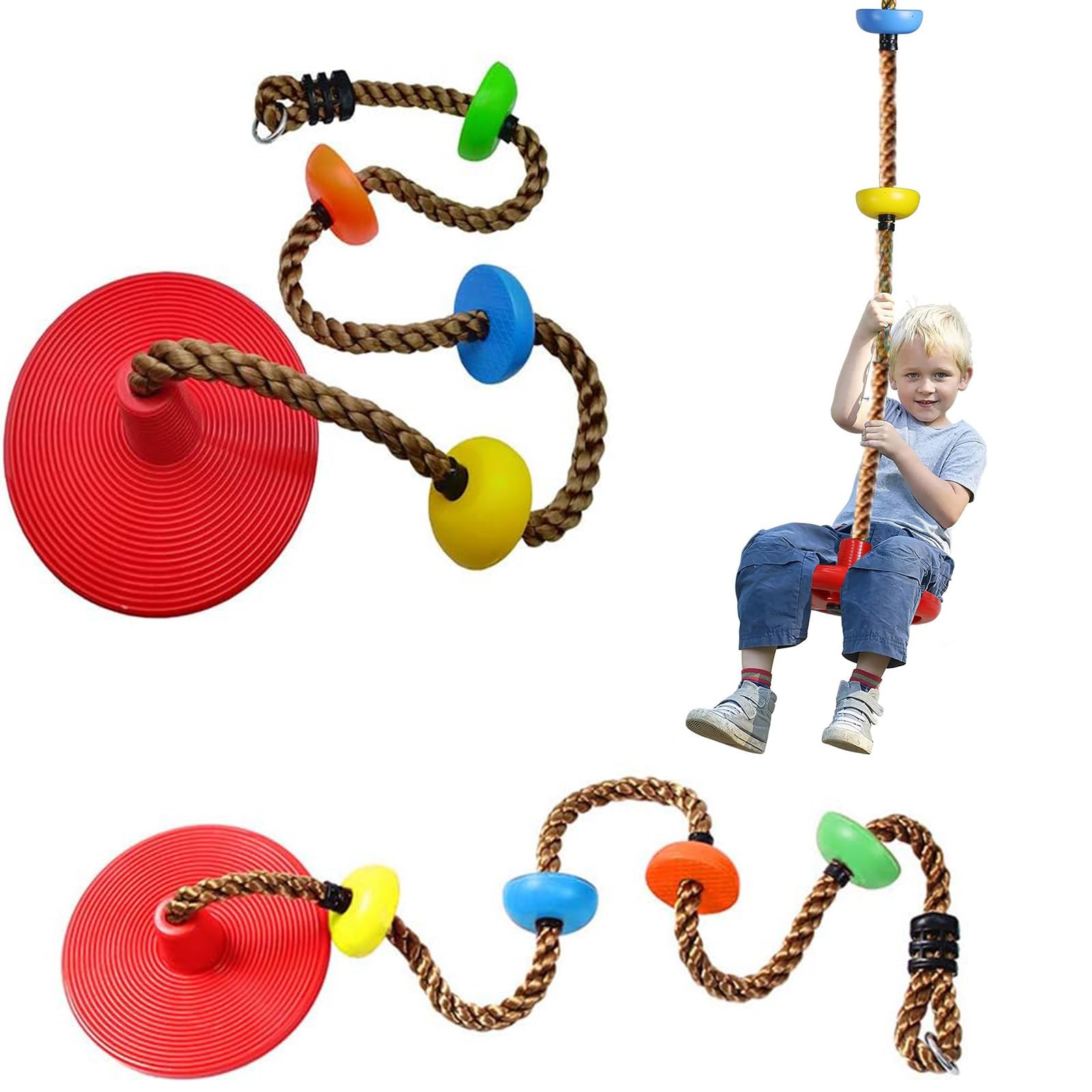 Adjustable Swing Toys Climbing Rope Tree Swing Set ®,Swing Seat With Platform And Disc And Rainbow Climbing Rope, Swingset Accessories, Suitable for outdoor camping, travel, etc