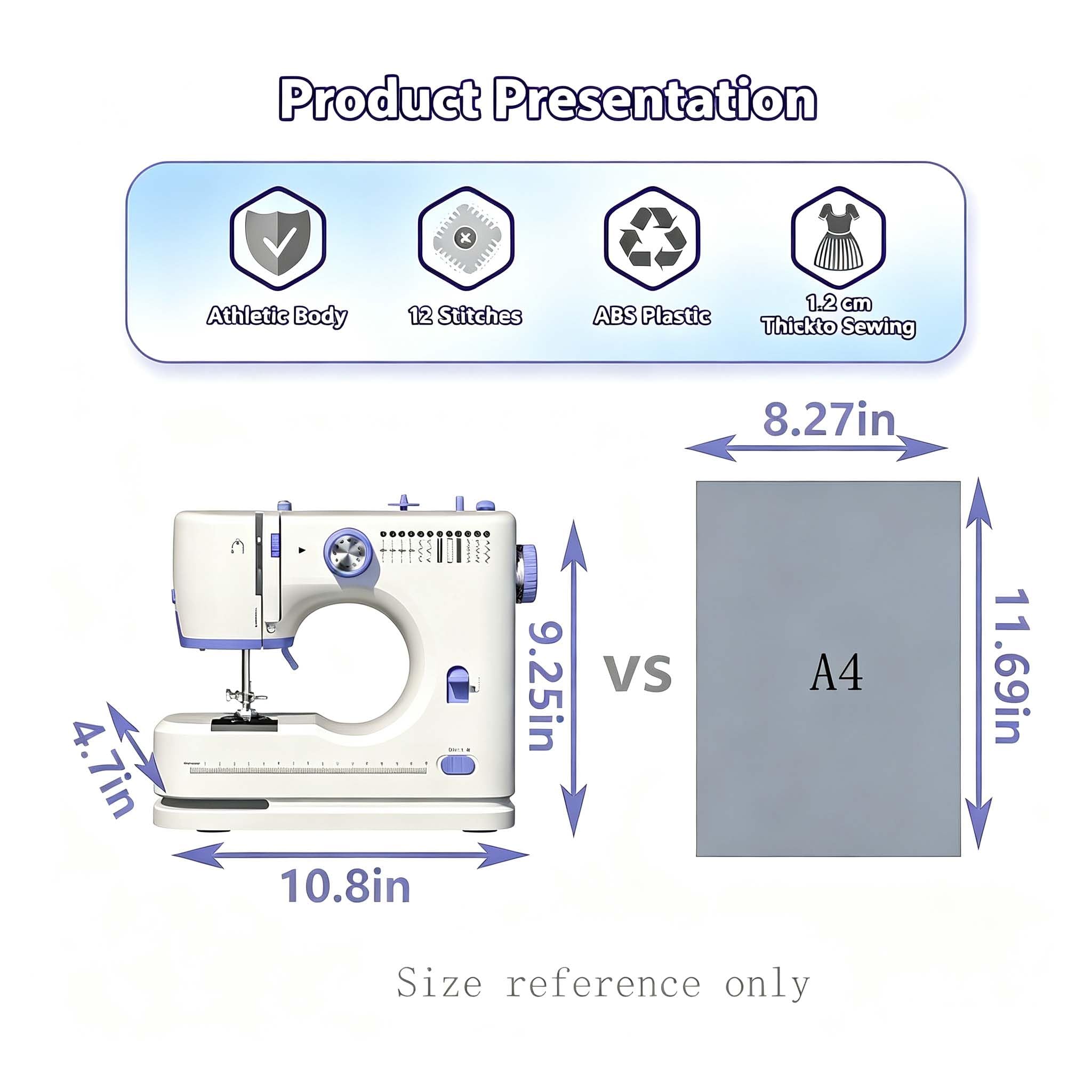 Stoigeld - Máquina de coser para principiantes con 20 piezas de tela y 32 piezas. Agujas 10 piezas/1 bolsa. Kit de hilos de coser, máquina de coser portátil con 12 puntadas integradas y 2 velocidades