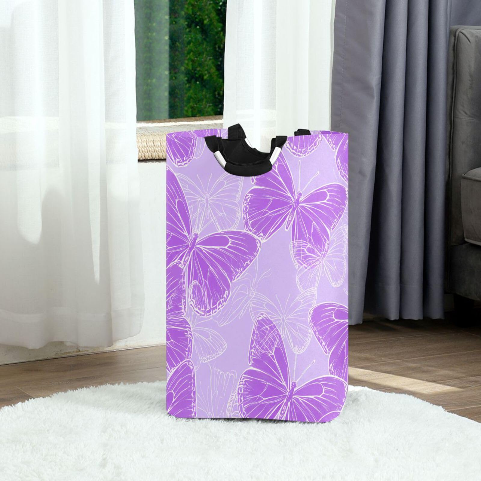 Jihqo Laundry Hamper Basket Purple Butterflies Collapsible Nursery Storage Bin Waterproof Clothing Baskets for Home Bedroom Bathroom Washing Room