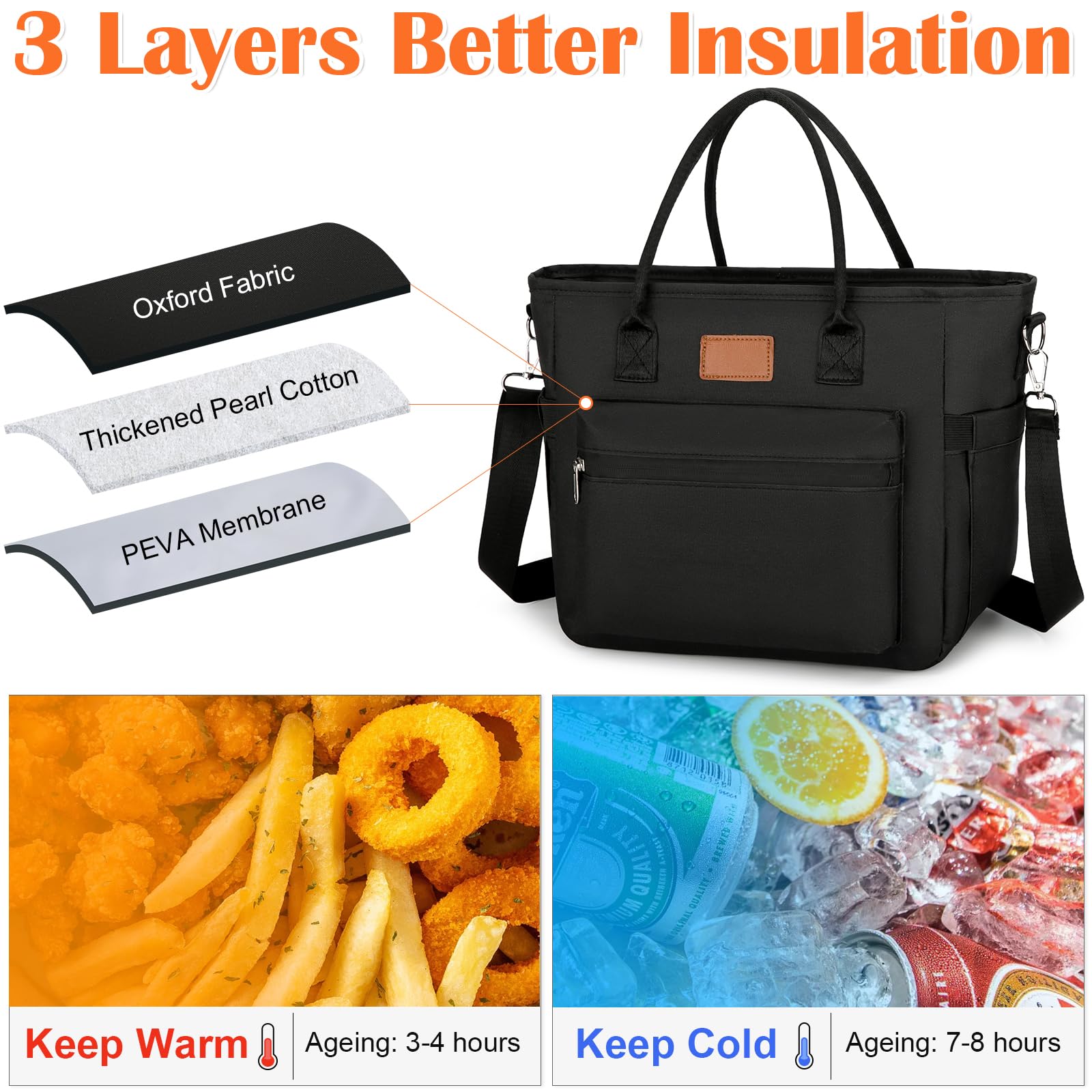 Nanxson ha isolato la borsa di pranzo per gli uomini delle donne le borse termiche del pranzo il contenitore di pranzo per il picnic di lavoro (15.5L, Nero)
