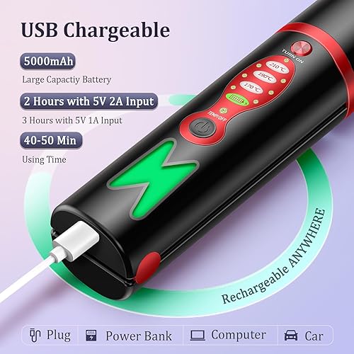 Miniatura 5 de Alisador y rizador de pelo de titanio inalámbrico, mini plancha plana portátil recargable por USB con batería de 5 V5000 mAh, 3 niveles