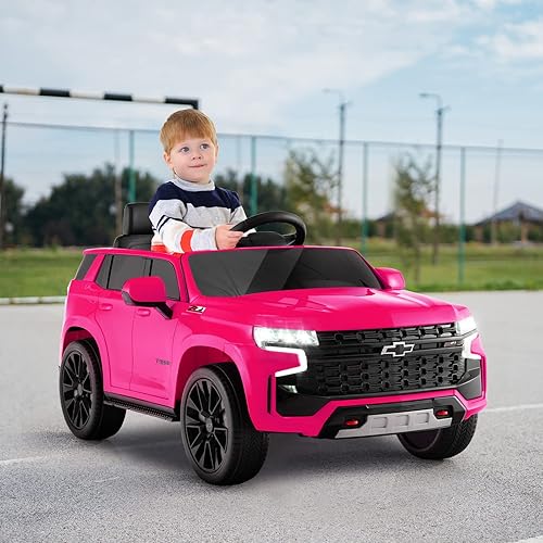 Miniatura 9 de HONEY JOY Camión para montar, Chevrolet Tahoe con licencia de 12 V, vehículo eléctrico Chevy para niños, arranque suave, música, luces, juguete de
