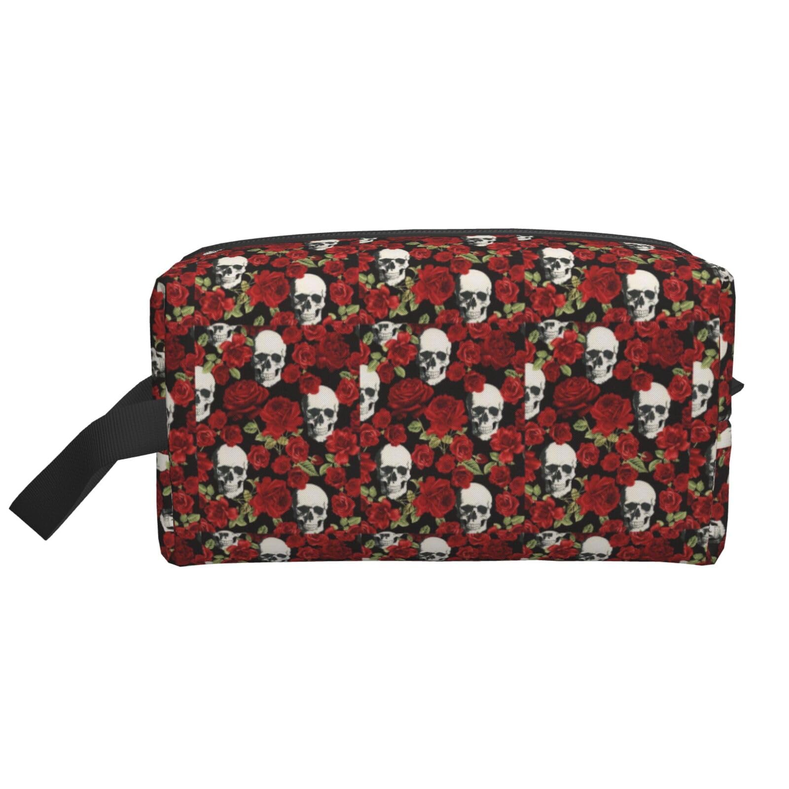 Ercgad Unisex White Rose Skull Print Large Capacity Travel Toiletry Bag Cosmetic Pouch Daily Storage Makeup Case