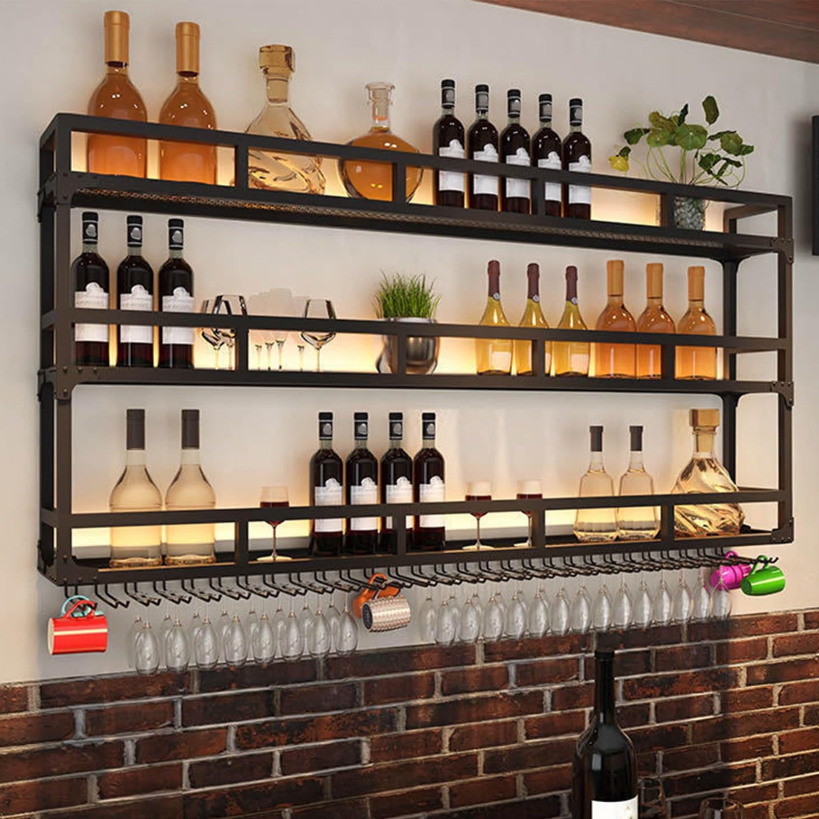 Casier à vin mural en métal avec éclairage LED étagère à bouteilles pour cuisine
