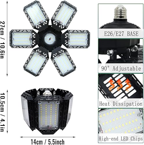Miniatura 3 de Paquete de 2 luces LED de garaje, 160 W, 16000 lúmenes, 6500 K, luces de garaje, bombilla LED de techo con 6+1 paneles ajustables, luz LED de tienda