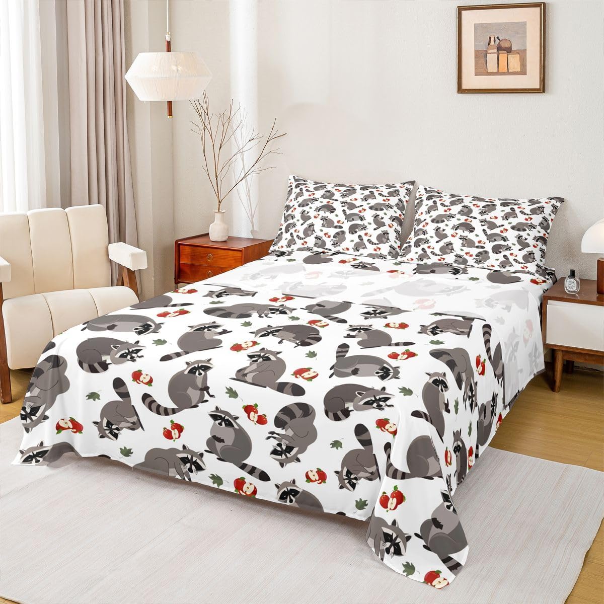 Feelyou Cute Raccoons Bed Set Cartoon Raccoon Bed Sheets for Kids Boys Girls Lovely Fruits Leaves Decor Sheet Set Grey Animal Sheets with 1 Pillowcase 3Pcs Bedding Twin