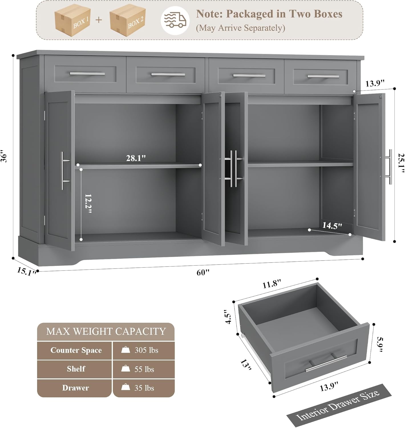 HOSTACK 60" Large Buffet Sideboard with Storage, 36" Tall Kitchen Buffet Storage Cabinet with 4 Drawers, Modern Coffee Bar Cabinet with Silver Handles, Long Sideboard Buffet Table for Kichen, Grey