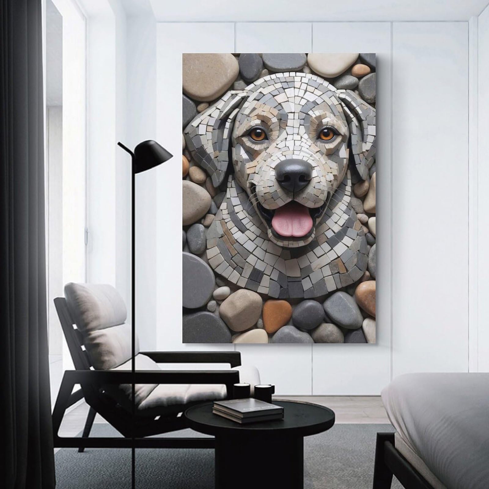 Junmoney Mosaic Dog Portrait with Stone Background Canvas Wall Picture, 24x36inch(60x90cm), for Wall Displays, Bedrooms Or Room Updates, Wall Decor Suited to Curated Displays