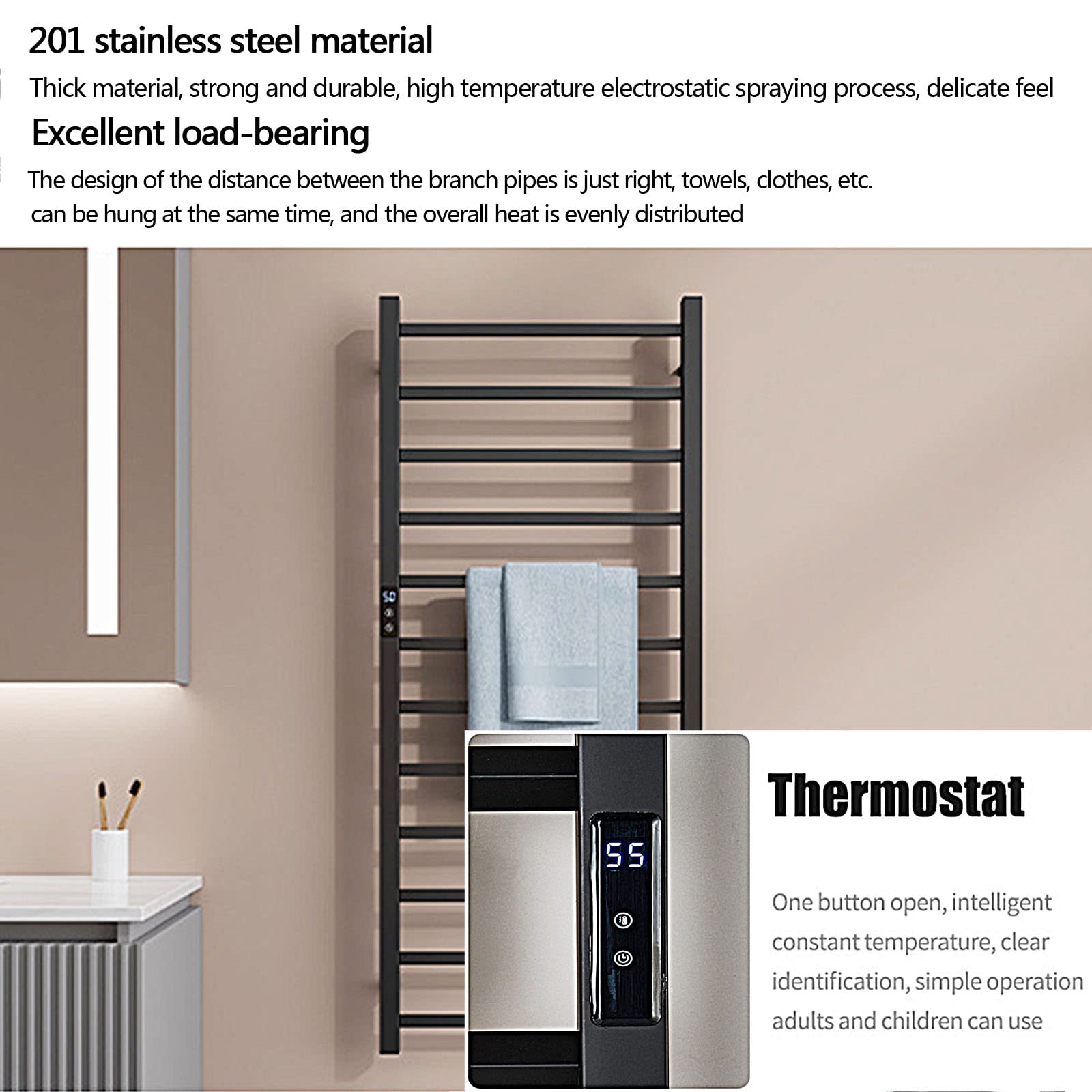 Nero Termoarredo Bagno,Montaggio A Parete Scaldasalviette Elettrico,12 Tondini Termoarredo Elettrico,Cronotermostato con Display Digitale,Nero,Hard~Wired