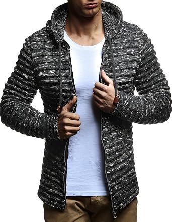 Leif Nelson LN20724 Mens Knit Jacket with Hood Knitt Zip Up Cardigan Hoodie