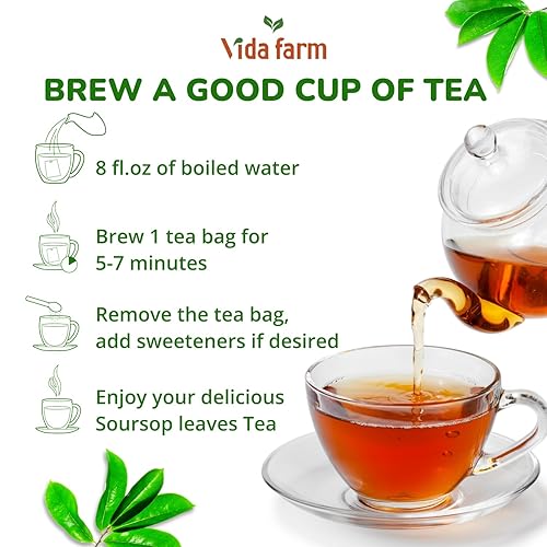 Miniatura 8 de VIDA FARM 65 bolsas de té de guanábana, bolsas de té de hojas de guanábana puras 100% naturales, sabor agradable sabor natural sin cafeína, hojas de