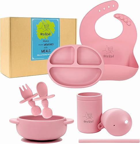 Hey Kyd - Juego de 8 piezas Baby Essentials de silicona para bebés para el destete LED del bebé. Imprescindible para bebés de 6 meses! Platos para