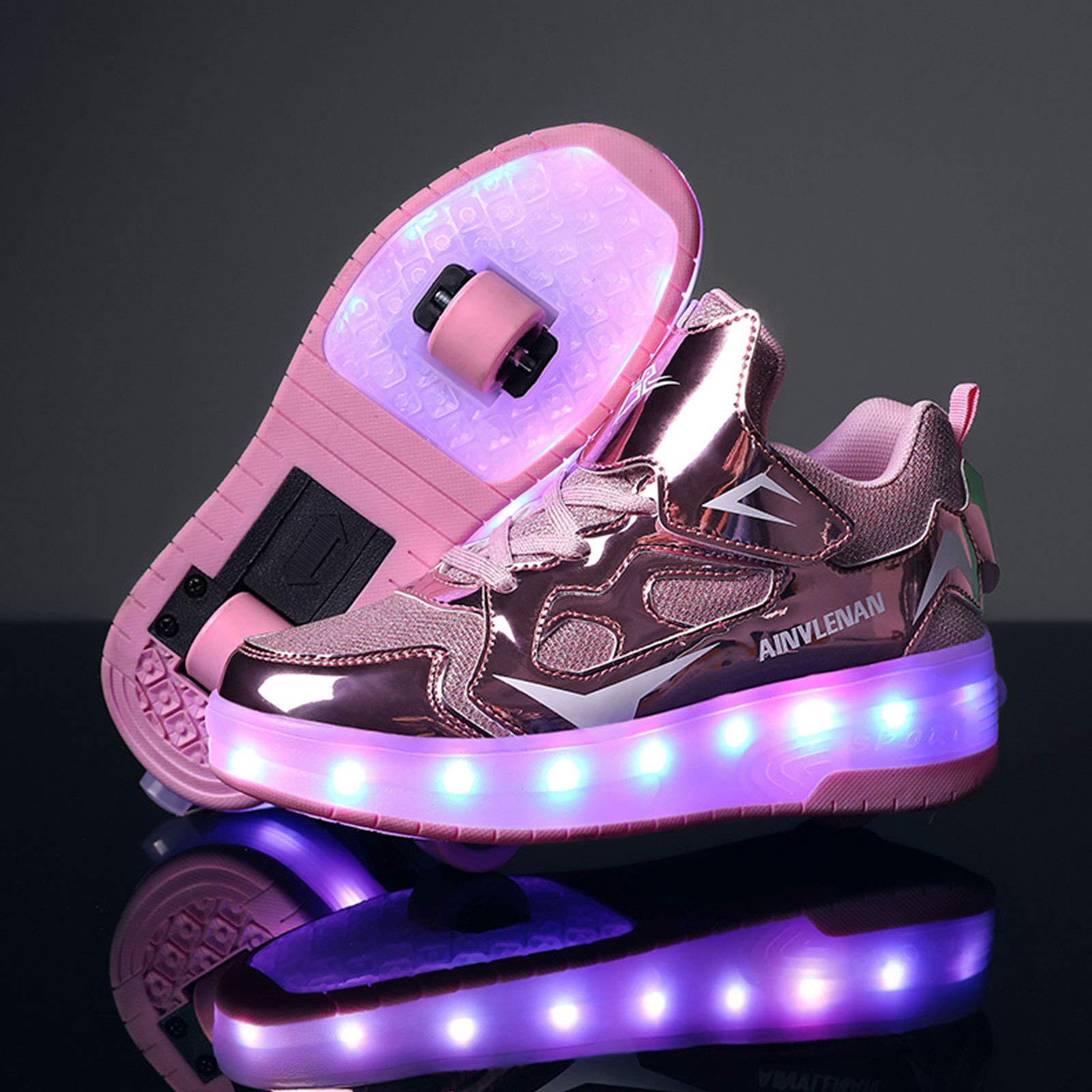 RDJSHOP Unisexe Enfants Chaussures de Skate à roulettes LED Sneaker de Skateboard de Gymnastique à Roues Doubles Chargement USB Chaussures Clignotantes Garçons Filles,Pink-12UKChild/30EU