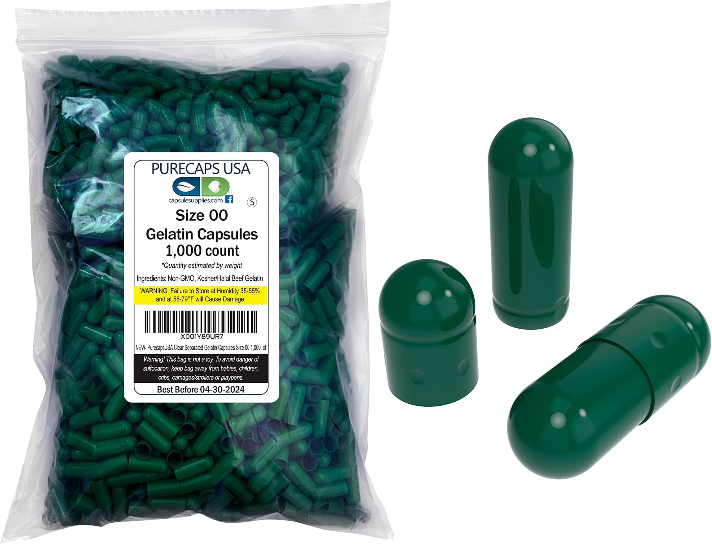 PureCaps USA - Empty Gelatin Capsules Size 00, 1,000 Empty Separated Gel Pills, Dark Green, Non-GMO Certified, Kosher, Gluten Free and Halal Certified, Pure Beef Gel Pill Capsules Empty