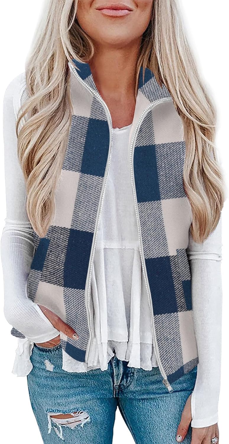 Rapbin Women's Plaid Outerwear Vests Tops Zip Up Collared Sleeveless Jacket with Pockects
