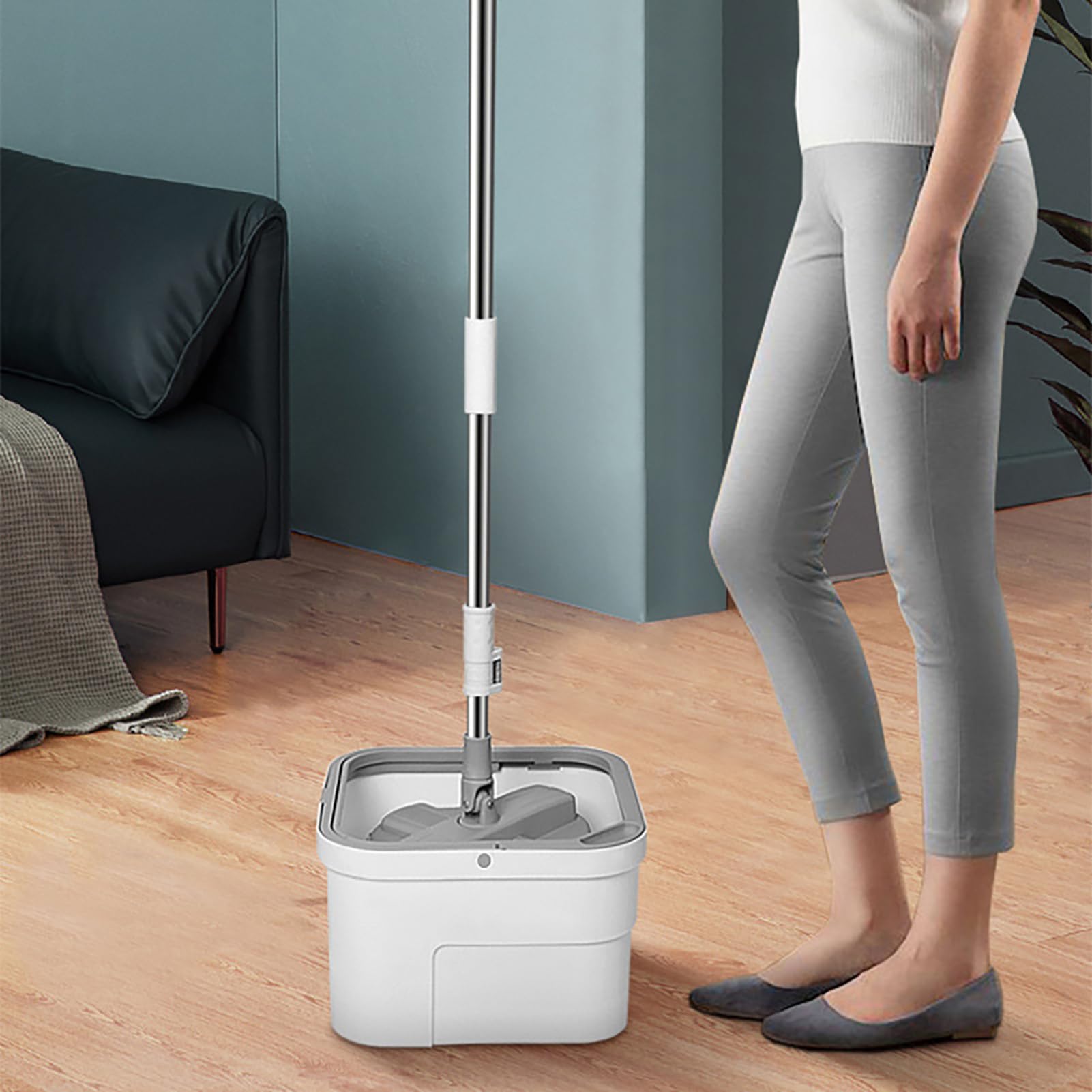 Fregona con función de escurridor - Separación automática de agua sucia, cubo de fregona con cabezal giratorio, juego completo | Para parqué, azulejos, hogar, apartamento, cocina, salón, dormitorio
