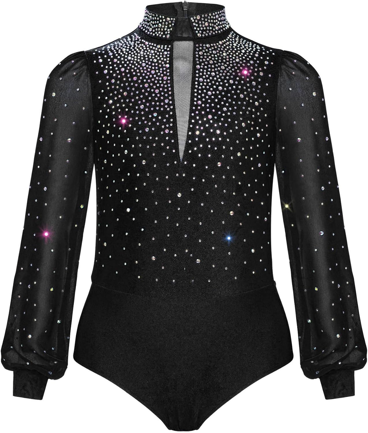 Boys Mock Neck Latin Dance Leotard Sparkle Rhinestone Long Sleeve Figure Skating Bodysuit Ballroom Dance Top