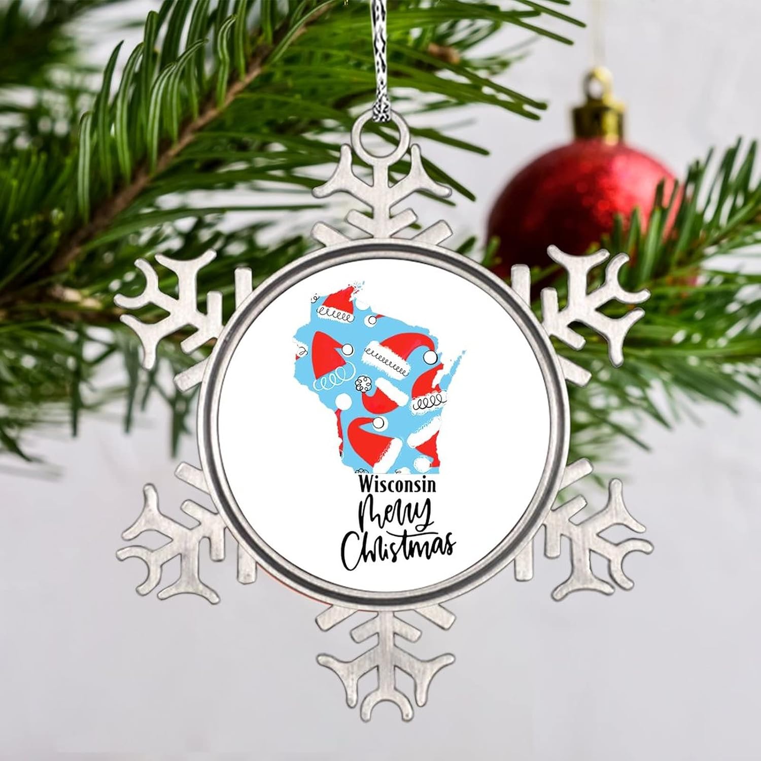 Snowflake Ornaments Wisconsin Home State Personalized Christmas Ornaments 2022 Merry Christmas Ornaments for Christmas Trees Metal Souvenir Xmas Tree Hang Pendant Exchange Long Distance Gift 3 Inch