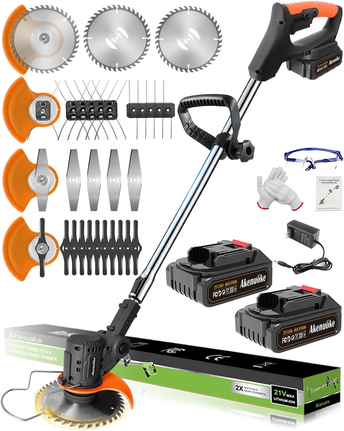 Weed Wacker, 21V Weed Wacker Eater with 2 Batteries and Charger, 5 Types 26Pcs Blade, 3.2Lbs Lightweight Grass Trimmer, Brush Cutter for Lawn Yard Garden