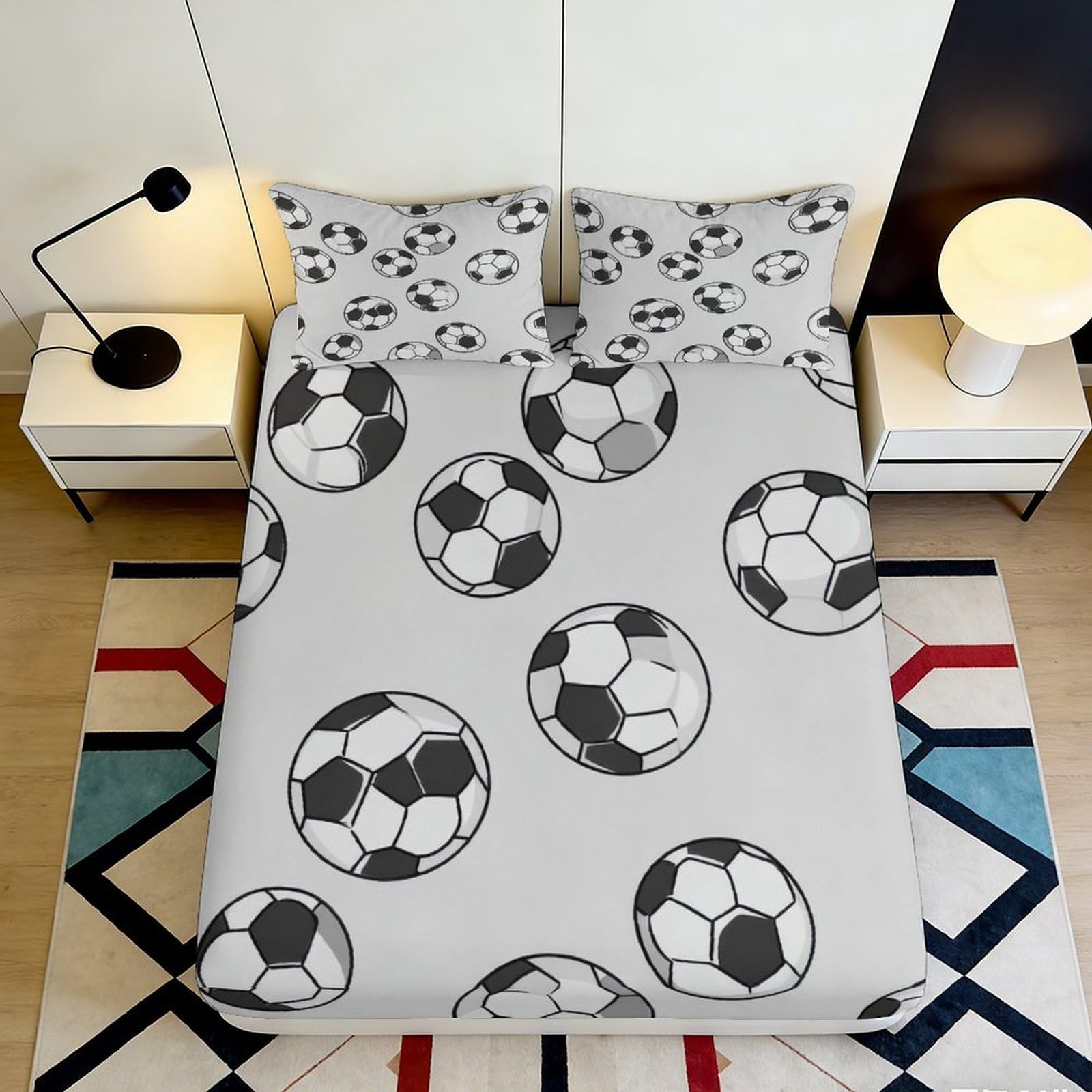3D Printed Soccer Ball Fitted Sheet Microfiber Soft Breathable Sports Bed Cover for Bedroom Guest Room Decor 90x200x25cm