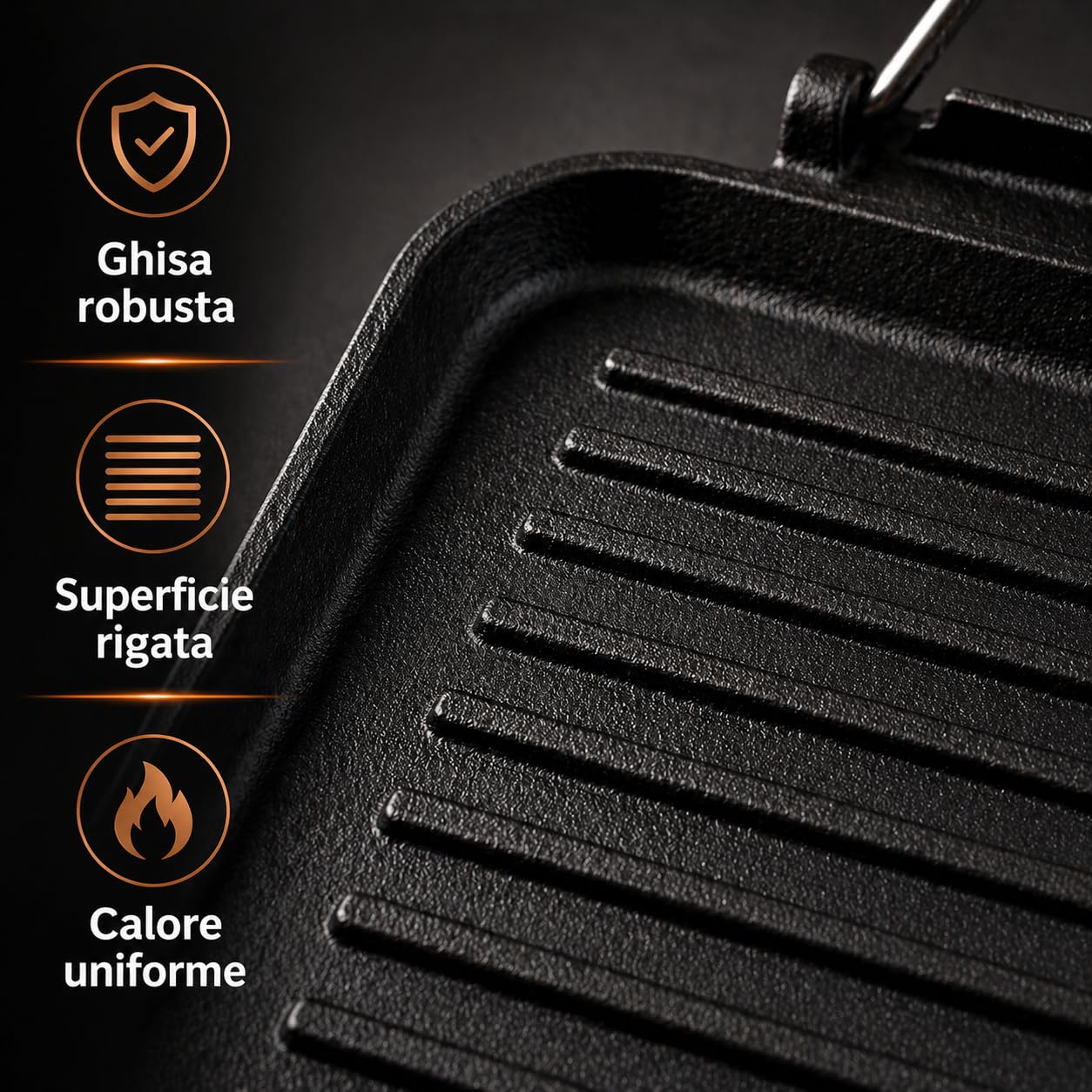 Bistecchiera ghisa per fornello rettangolare 28x36 cm piastra di ghisa rigata con manico pieghevole, ideale per carne verdure panini e cottura grill in cucina