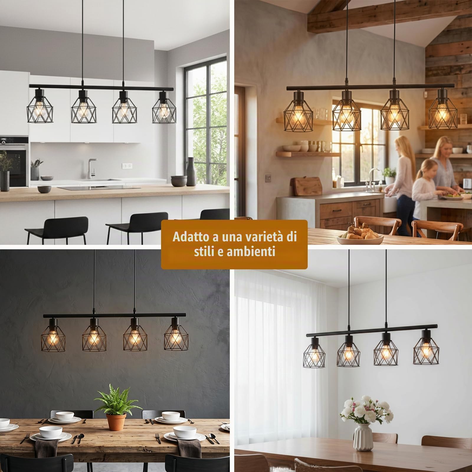 Lampadario a Sospensione Vintage Industriale, 4 Luci Lampada da Soffitto in Metallo E27, Lampada a Sospensione Retrò per Cucina a Isola e Tavolo da Pranzo, Nero, 75 x 13 x 140 cm
