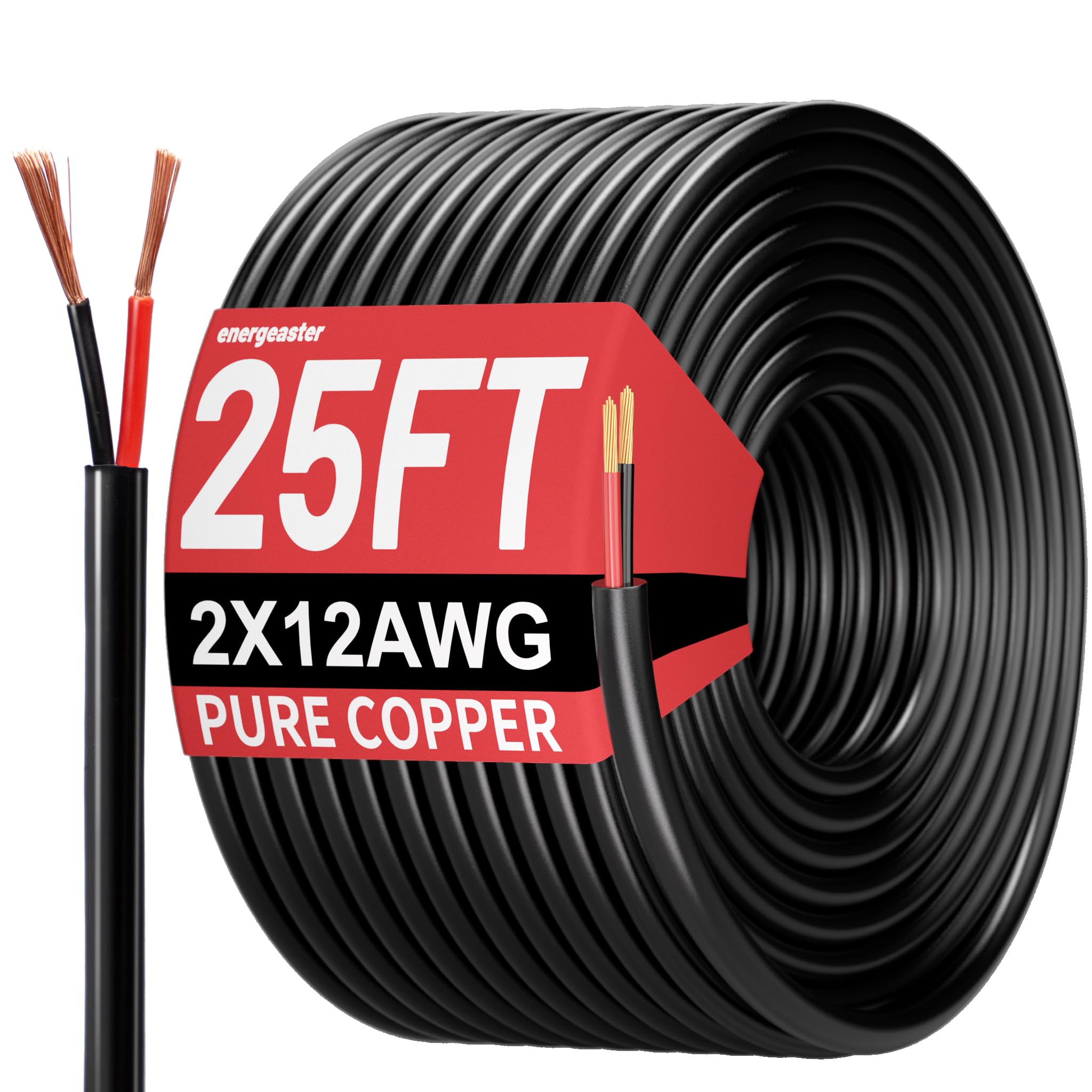 25FT 12 Gauge Wire 2 Conductor Electrical Wire, 12 AWG Pure Copper Black Flexible Stranded PVC Cord for LED, Automotive Wiring, Lamp Cord, Marine Cable