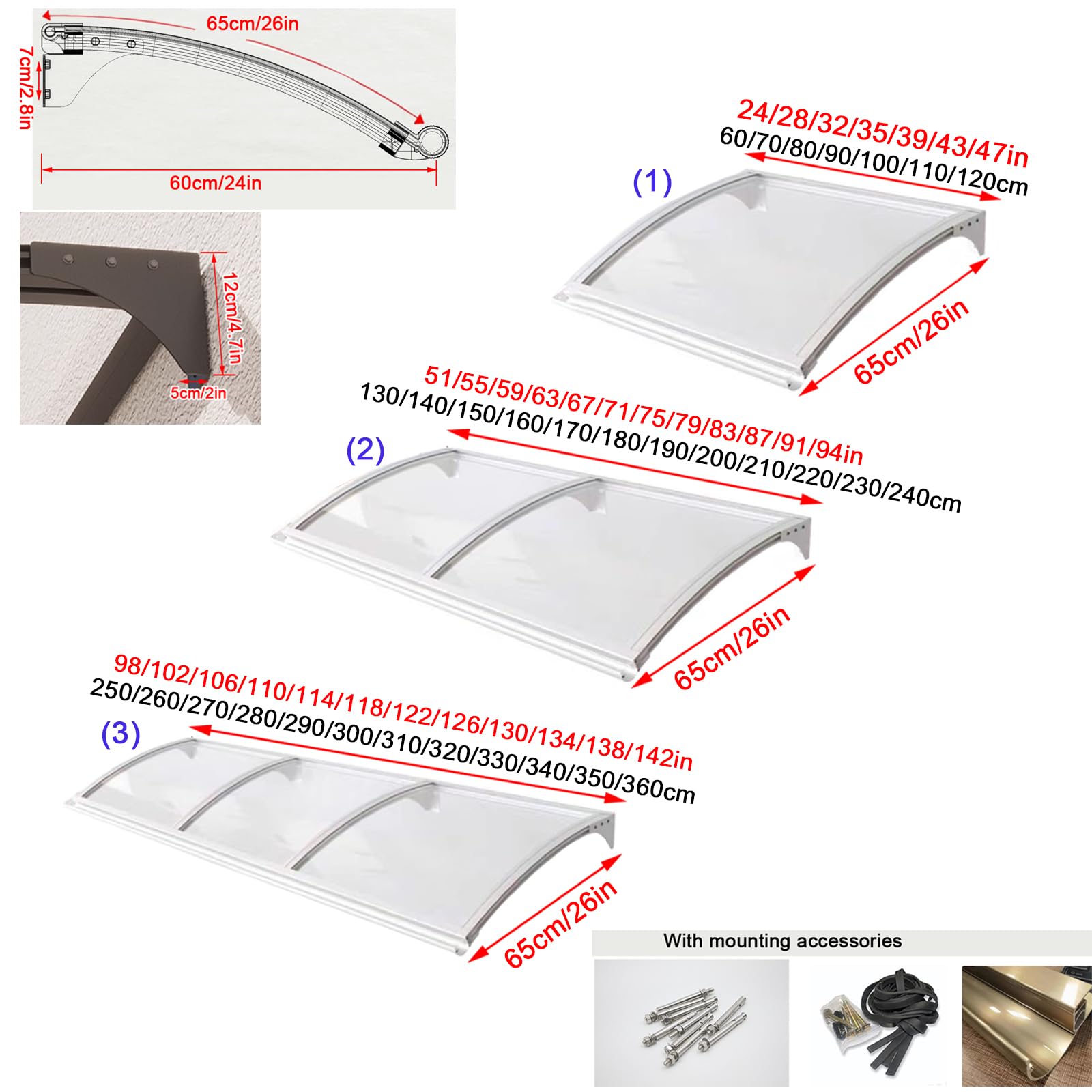 Pensilina Tettoia per Porta Balcone Esterno,Tenda da Veranda Pensilina in Policarbonato e Alluminio,Tettoia modulabile Protezione da Pioggia UV Esterna,Larghezza da 65 a 150 cm (65x230cm/26"x91")
